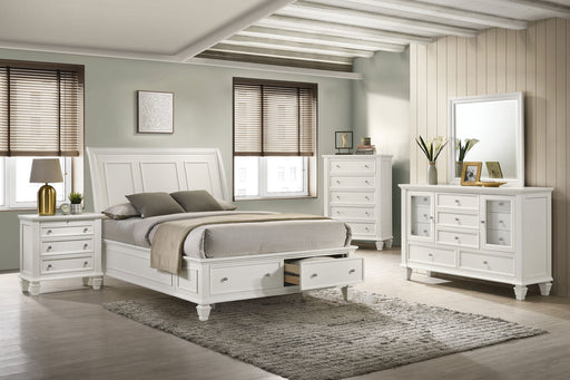 Cream white Sandy Beach 5-piece Eastern King bedroom furniture set by CoasterEssence, featuring a bed, dresser, and matching pieces.