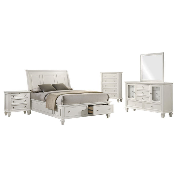 Cream white Sandy Beach 5-piece Eastern King bedroom set by CoasterEssence, featuring a bed frame, nightstands, and matching furniture.