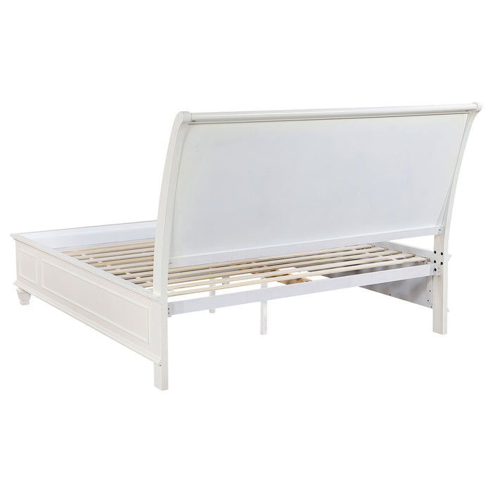 Cream white Sandy Beach 5-piece Eastern King bedroom set by CoasterEssence, showing bed frame, headboard, and matching furniture pieces.