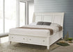 Cream white Sandy Beach Wood Eastern King Storage Panel Bed by CoasterEssence, showcasing the elegant wooden bed with storage drawers.