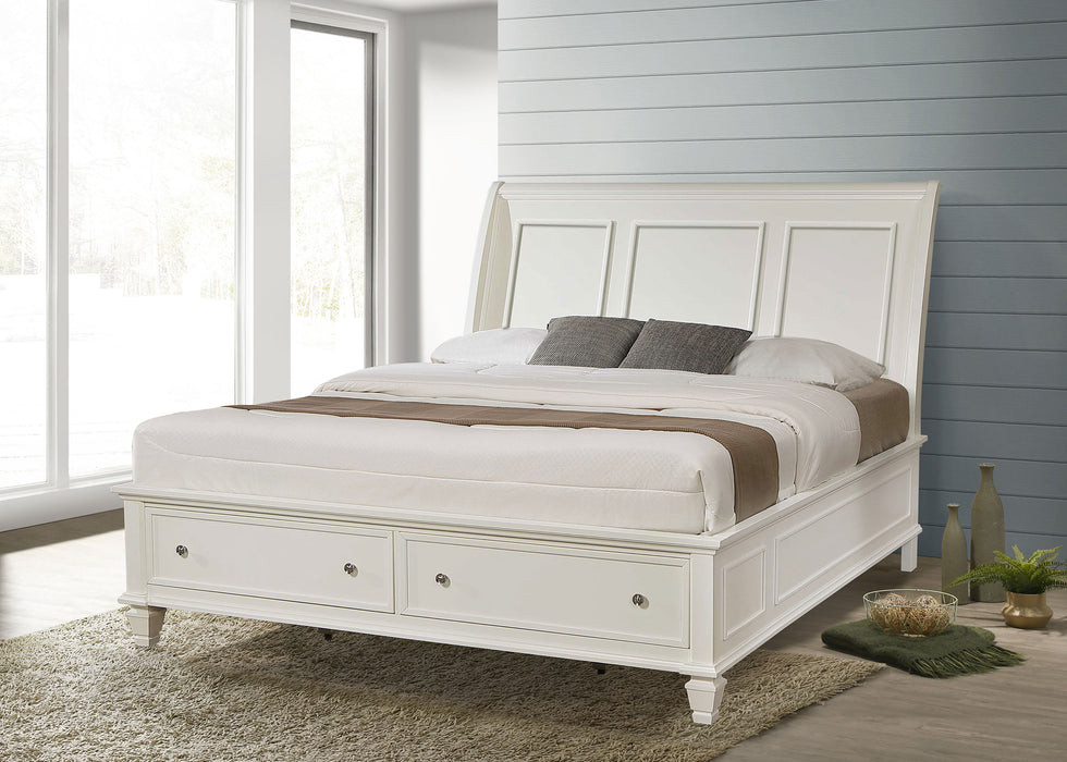 Cream white Sandy Beach Wood Eastern King Storage Panel Bed by CoasterEssence, showcasing the elegant wooden bed with storage drawers.