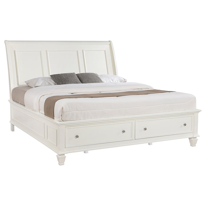 Cream white Sandy Beach Wood Eastern King Storage Panel Bed by CoasterEssence, showing the elegant headboard and storage drawers.