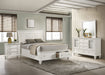 CoasterEssence Sandy Beach 4-piece Queen bedroom set in cream white, includes bed frame, dresser, nightstands, and mirror.