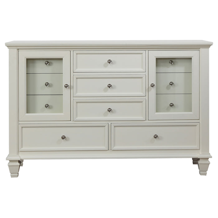 Cream white Sandy Beach 4-piece Queen bedroom furniture set by CoasterEssence with a bed, nightstands, and dresser visible in the image.