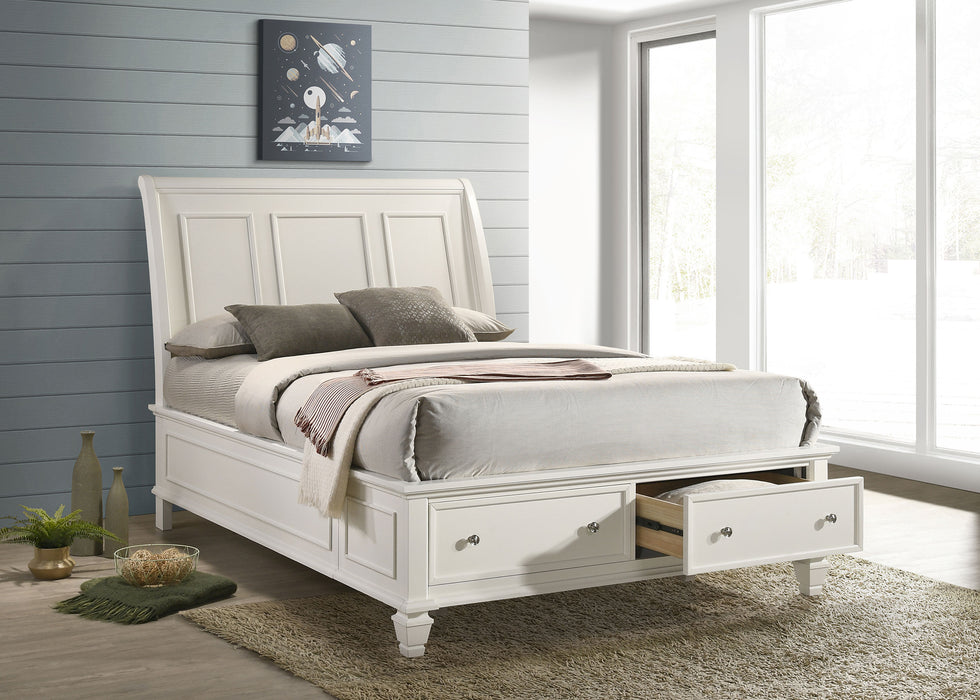 Cream white Sandy Beach Wood Queen Storage Panel Bed by CoasterEssence, showing the bed with a panel headboard and storage drawers.