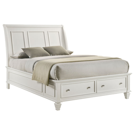 Cream white Sandy Beach Wood Queen Storage Panel Bed by CoasterEssence, featuring a stylish panel headboard and spacious storage drawers.