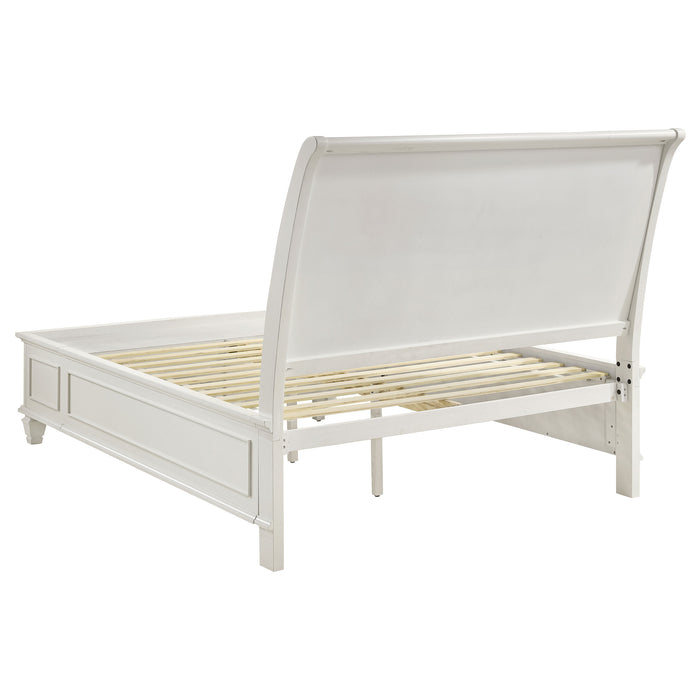 Cream white Sandy Beach Wood Queen storage panel bed by CoasterEssence, featuring a classic wooden design with built-in storage drawers.