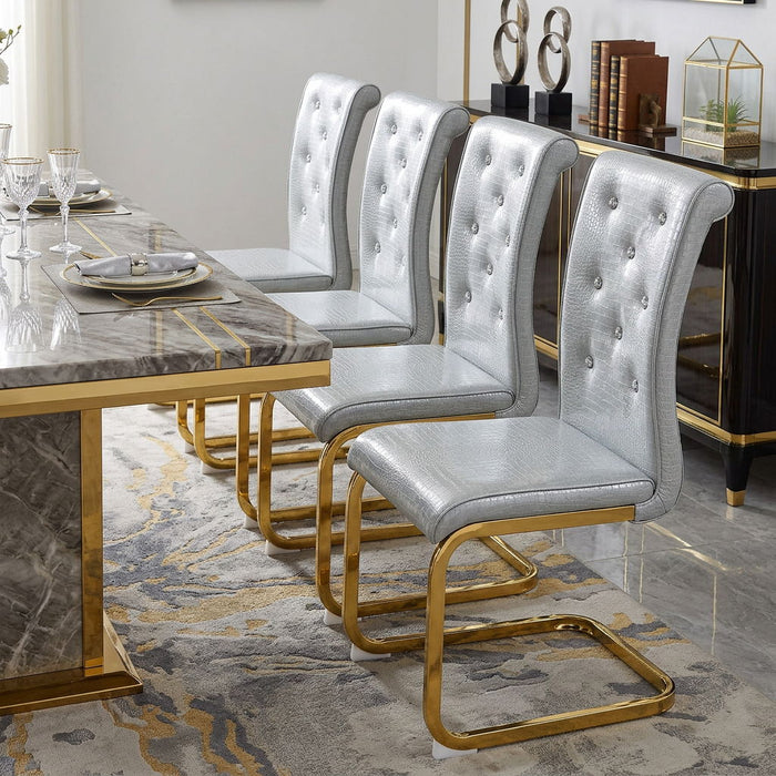 Faux Leather Metal Dining Side Chairs (Set of 4) - Gray / Gold