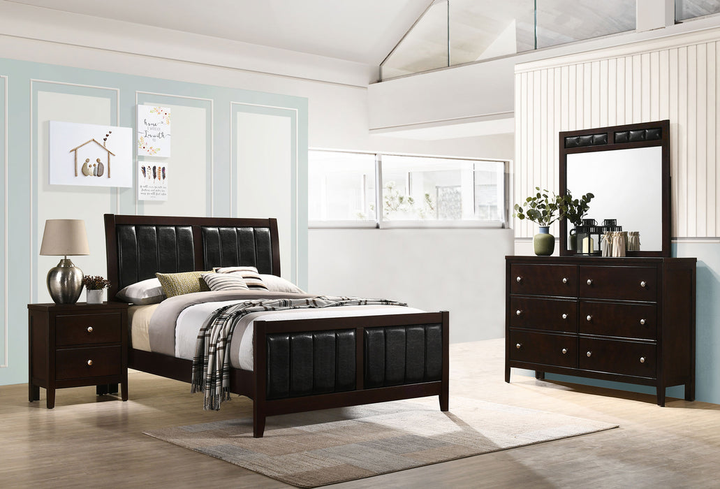 CoasterEveryday Carlton 4-piece full bedroom set in cappuccino finish, includes bed frame, dresser, mirror, and nightstands.