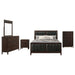 CoasterEveryday Carlton 5-piece Eastern King bedroom set in cappuccino finish including bed frame, nightstands, and dresser.
