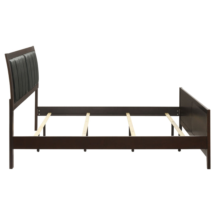 Eastern King panel bed in cappuccino finish with carved wood details, made by CoasterEveryday, showcasing the elegant furniture design.