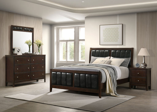 CoasterEveryday Carlton 4-piece California King bedroom set in cappuccino finish, includes bed frame, nightstands, and dresser.