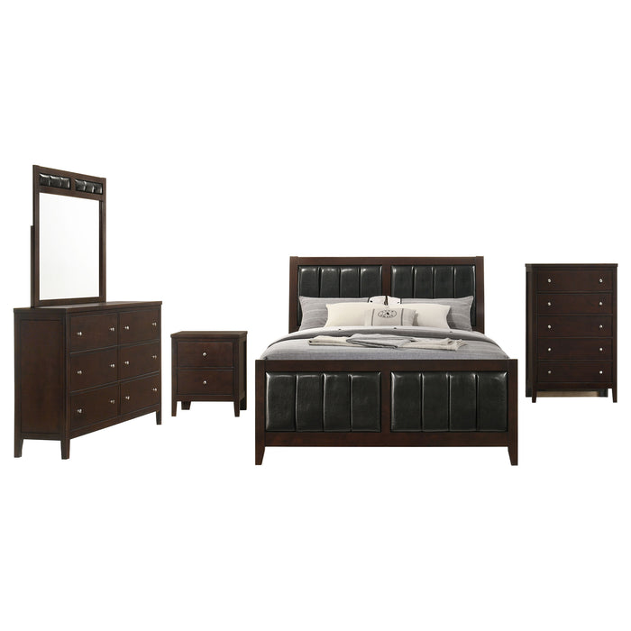 Carlton 5-piece Queen bedroom set by CoasterEveryday featuring cappuccino-finish furniture with a bed frame, dresser, mirror, and nightstands.