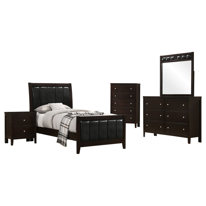 CoasterEveryday Carlton 5-piece twin bedroom set in cappuccino finish, includes bed frame, dresser, and matching furniture.