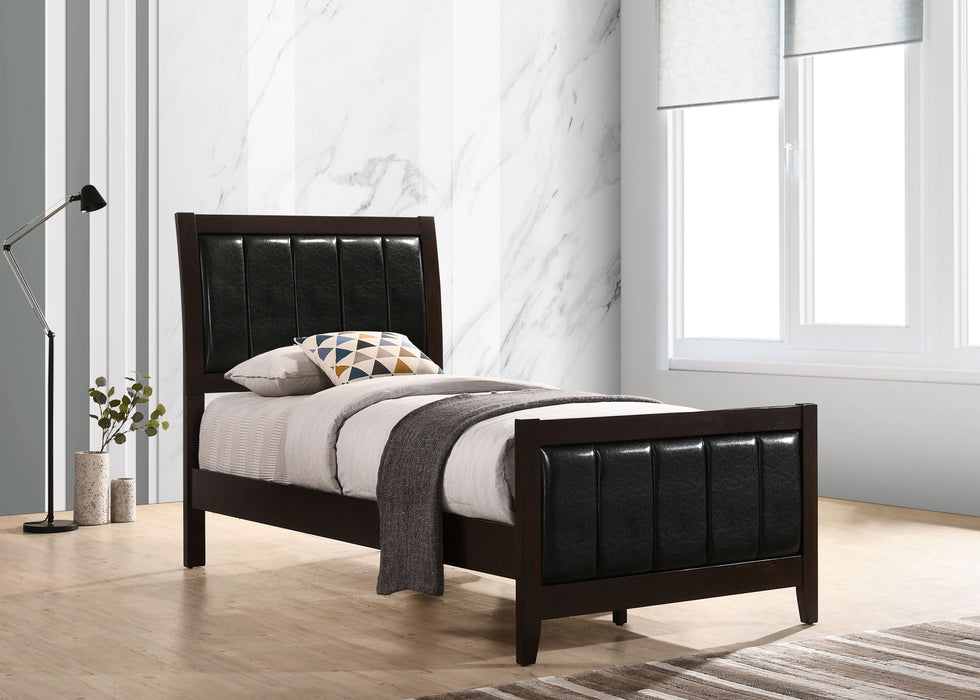 CoasterEveryday Carlton Wood Twin Panel Bed in cappuccino finish, showing the sleek wooden bed frame with panel headboard and footboard.