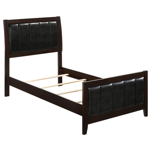 CoasterEveryday Carlton Wood Twin Panel Bed in cappuccino finish, showcasing the wooden frame and twin-sized design.