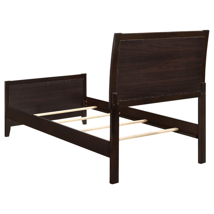 Carlton Wood Twin Panel Bed in Cappuccino finish, featuring a classic wooden frame with paneled headboard and footboard for bedroom decor.
