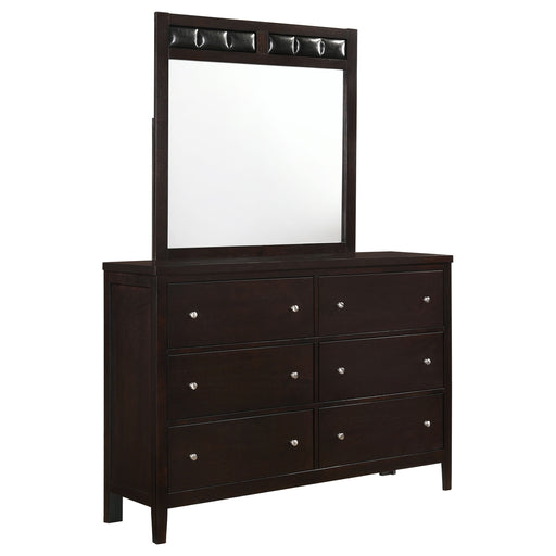 CoasterEveryday Carlton 6-drawer dresser with attached mirror in cappuccino finish, showcasing sleek wooden furniture design.