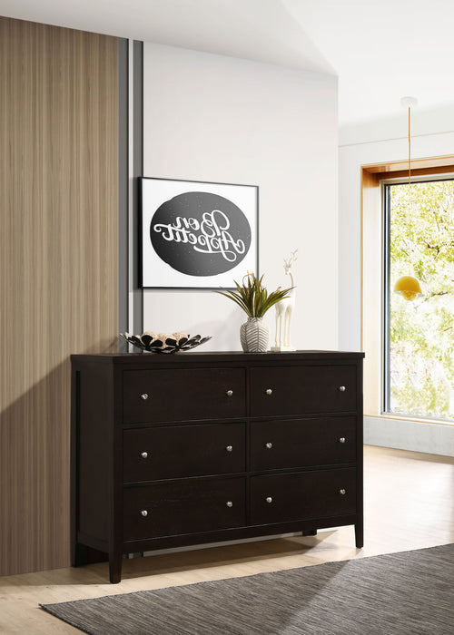 CoasterEveryday Carlton 6-drawer dresser in cappuccino finish, showing sleek wooden furniture with metal handles and spacious drawers.