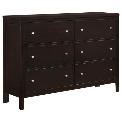 CoasterEveryday Carlton 6-drawer Dresser in cappuccino finish, showcasing sleek wooden furniture with six spacious drawers.
