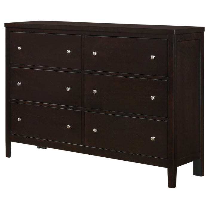 CoasterEveryday Carlton 6-drawer dresser in cappuccino finish, showcasing sleek wood furniture with metal drawer handles.
