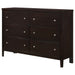 CoasterEveryday Carlton 6-drawer dresser in cappuccino finish, showcasing sleek wood furniture with metal drawer handles.