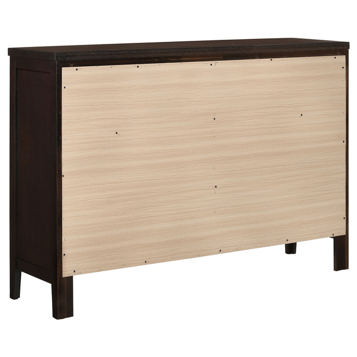 CoasterEveryday Carlton 6-drawer dresser in cappuccino finish with sleek metal handles, showcasing a modern furniture design.