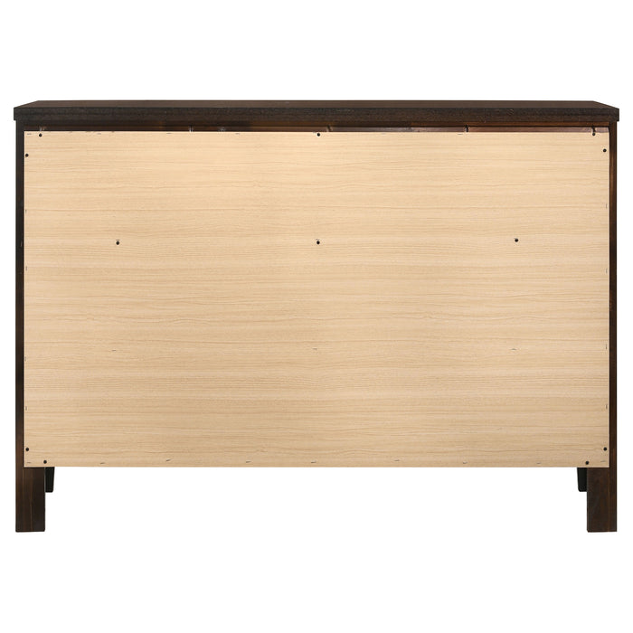 CoasterEveryday Carlton 6-drawer dresser in cappuccino finish with sleek handles and modern design for bedroom storage.