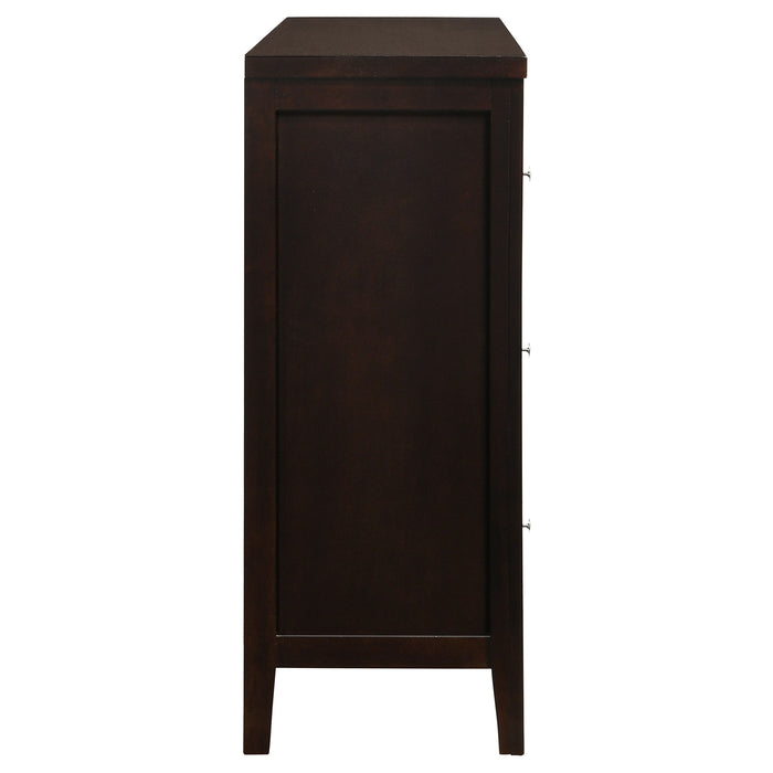 CoasterEveryday Carlton 6-drawer dresser in cappuccino finish with sleek metal handles and a modern furniture design.