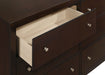 CoasterEveryday Carlton 6-drawer Dresser in cappuccino finish, showcasing sleek wooden furniture with silver handles and spacious drawers.