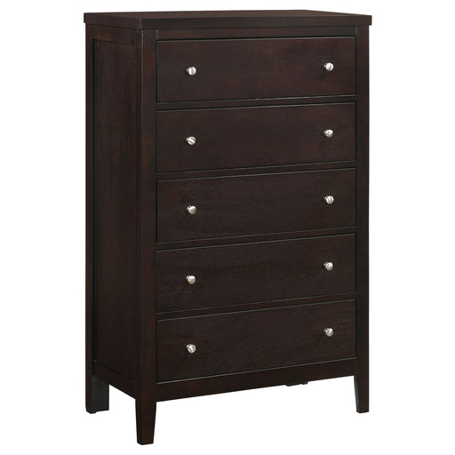 CoasterEveryday Carlton 5-drawer bedroom chest in cappuccino finish, featuring sleek furniture design with metal handles and spacious drawers.