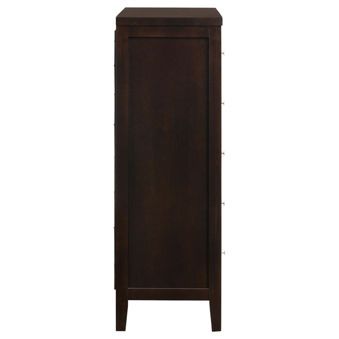 CoasterEveryday Carlton 5-drawer bedroom chest in cappuccino finish with sleek, modern furniture design and metal handles.