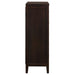CoasterEveryday Carlton 5-drawer bedroom chest in cappuccino finish with sleek, modern furniture design and metal handles.