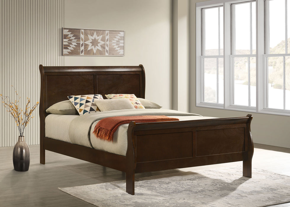 Louis Philippe wood full sleigh bed in cappuccino finish, showcasing elegant curved headboard and sturdy construction.