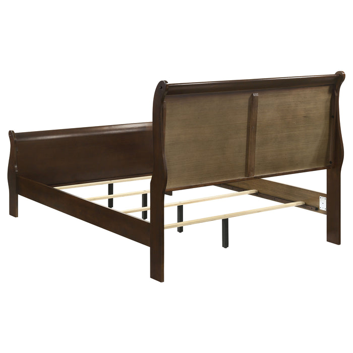 Louis Philippe wood full sleigh bed in cappuccino finish, showcasing elegant curved headboard and sturdy wooden frame.