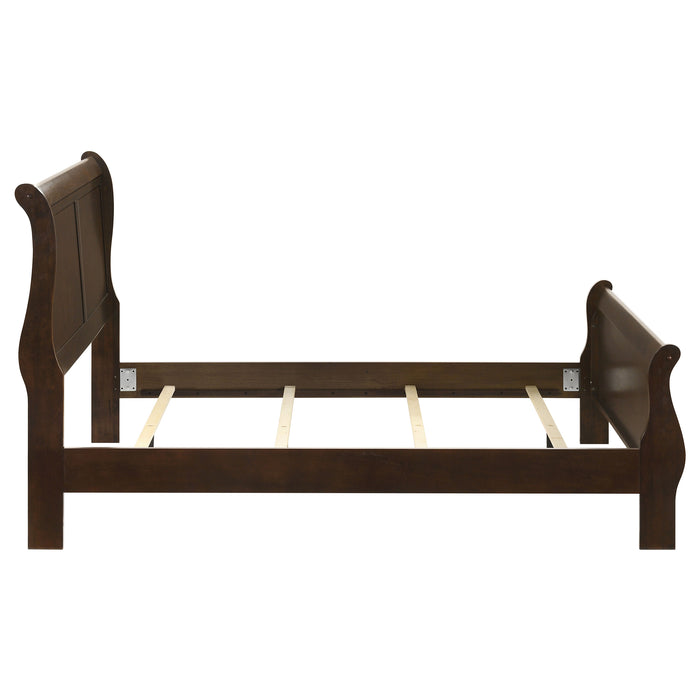 Louis Philippe wood full sleigh bed in cappuccino finish with curved headboard and footboard, crafted by CoasterEveryday.