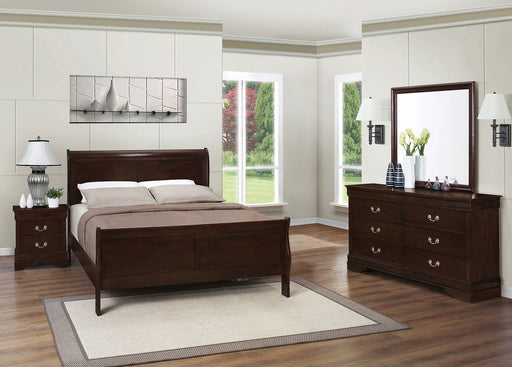 Louis Philippe 4-piece Eastern King bedroom set in cappuccino finish, includes bed frame, dresser, mirror, and nightstands.