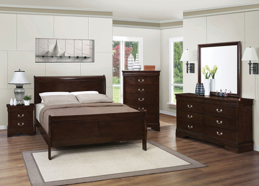 Louis Philippe 5-piece Eastern King bedroom set by CoasterEveryday in cappuccino finish, includes bed frame, dresser, mirror, and side tables