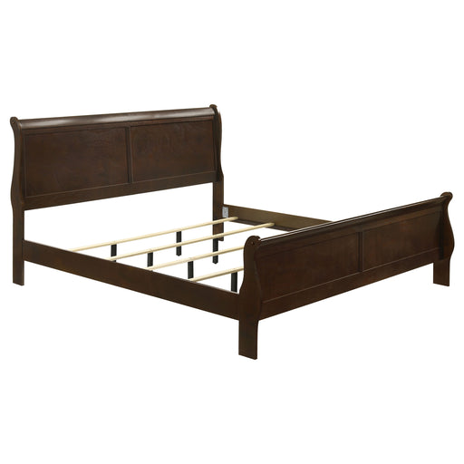 Louis Philippe Wood Eastern King Sleigh Bed in cappuccino finish, showcasing elegant curved headboard and classic furniture design