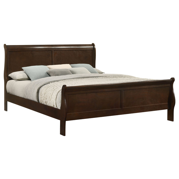 Louis Philippe wood Eastern King sleigh bed in cappuccino finish, showcasing the elegant furniture design and curved headboard.