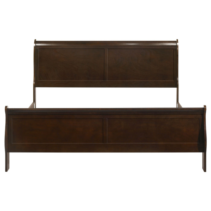 Louis Philippe Wood Eastern King Sleigh Bed in cappuccino finish, showcasing elegant curved headboard and sturdy wooden frame.