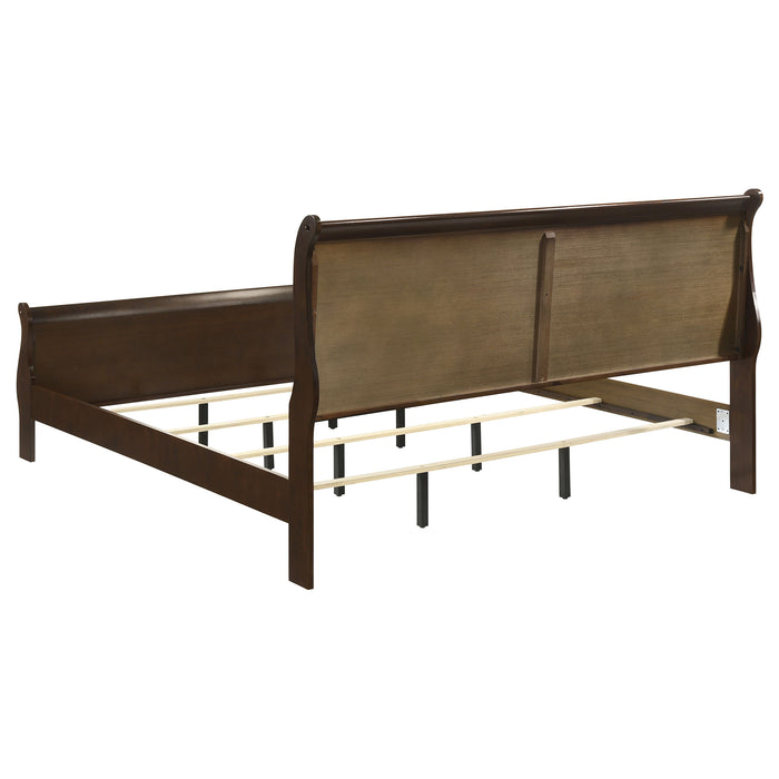 Louis Philippe Wood Eastern King Sleigh Bed in Cappuccino finish, showcasing curved wooden frame and traditional furniture design.
