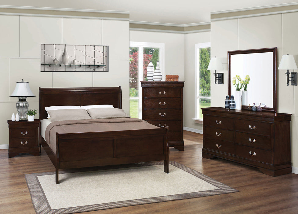 Louis Philippe wood Eastern King sleigh bed in cappuccino finish, showcasing curved headboard and classic furniture design