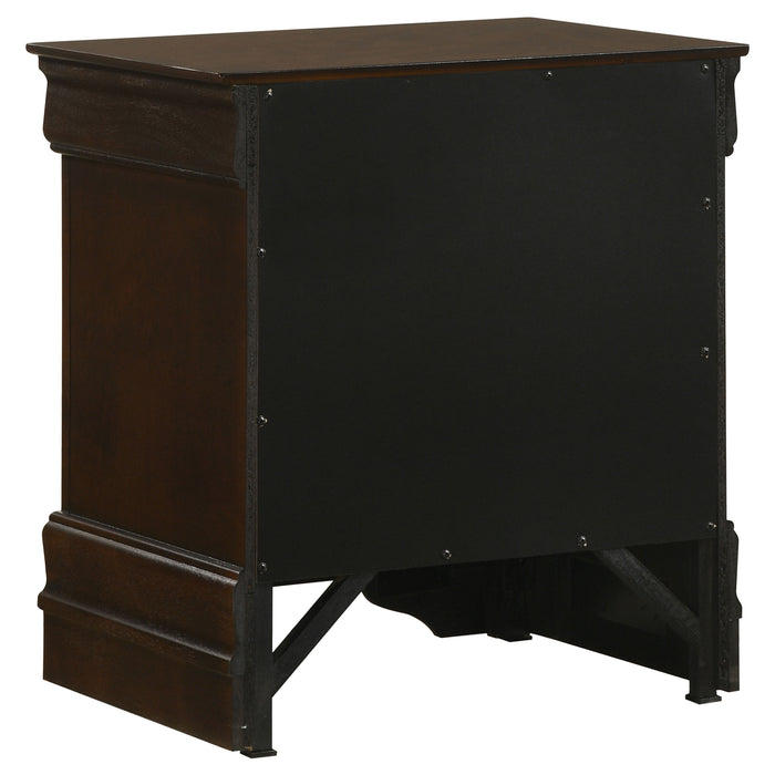 Louis Philippe 4-piece queen bedroom set in cappuccino finish, includes bed frame, nightstands, and dresser with modern design