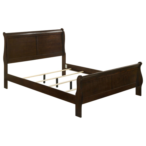 Louis Philippe wood queen sleigh bed in cappuccino finish, showcasing elegant curved headboard and footboard design.
