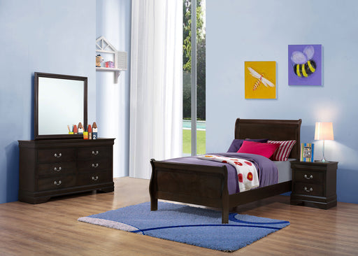 Louis Philippe 4-piece twin bedroom furniture set in cappuccino finish, includes bed frame, dresser, mirror, and nightstand.