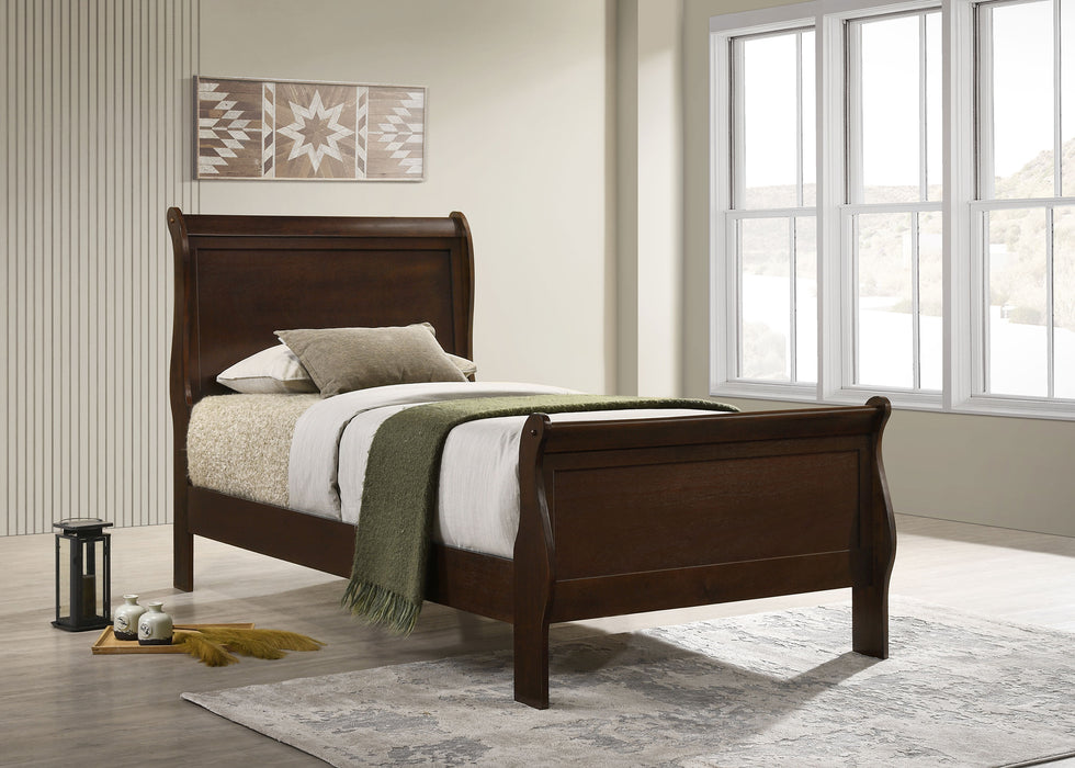 Louis Philippe Wood Twin Sleigh Bed in cappuccino finish, featuring a classic sleigh design and sturdy wooden construction.