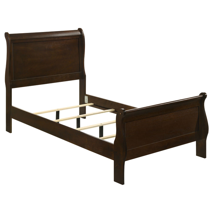 Louis Philippe wood twin sleigh bed in cappuccino finish, featuring elegant curved headboard and footboard, sturdy furniture design.