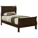 Louis Philippe Wood Twin Sleigh Bed in cappuccino finish with curved headboard and footboard, made of sturdy wood.