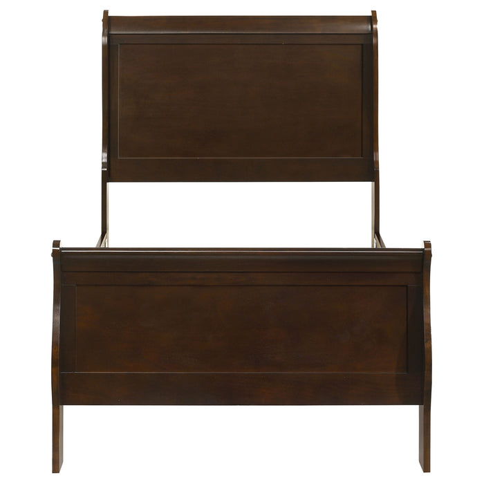 Louis Philippe wood twin sleigh bed in cappuccino finish with curved headboard and footboard, showcasing classic furniture design.